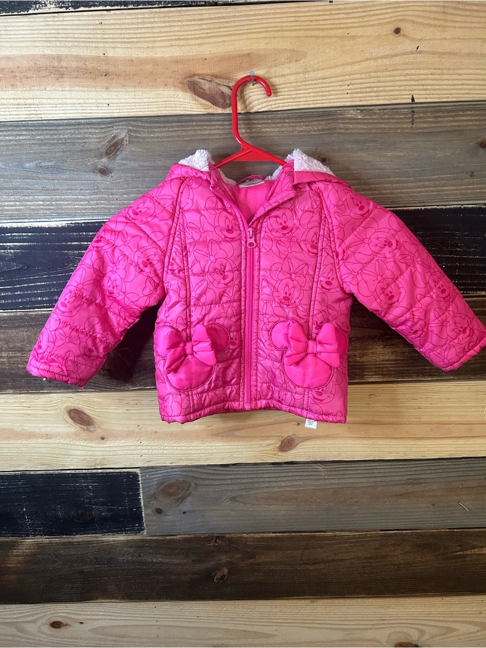 Disney Girls Hot Pink Quilted Hooded Puffer with Bow Pockets